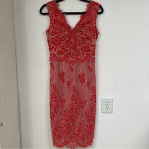 Erin Featherstone Red Lace Sleeveless Sheath Dress Womens 2 Designer Knee Length